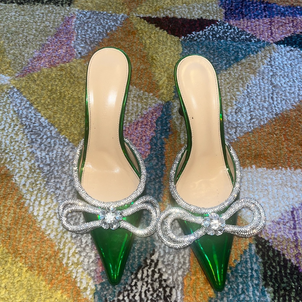 Mach & Mach crystal bow green iridescent mules 38
